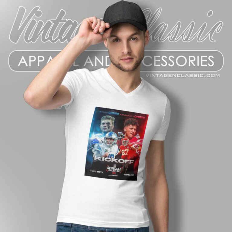 Detroit Lions Vs Kansas City Chiefs Kickoff Schedule Release 2023 V Neck TShirt 1 Detroit Lions Vs Kansas City Chiefs Kickoff Schedule Release 2023 V Neck TShirt 1