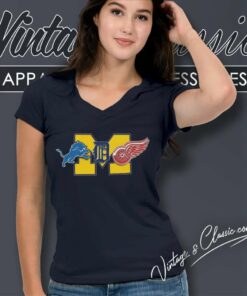 Detroit Michigan Combined Logos Lions Tigers Red Wings V Neck TShirt