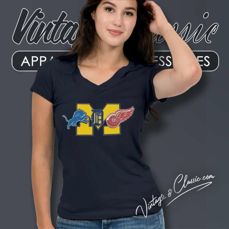 Detroit Michigan Combined Logos Lions Tigers Red Wings V Neck TShirt Detroit Michigan Combined Logos Lions Tigers Red Wings V Neck TShirt