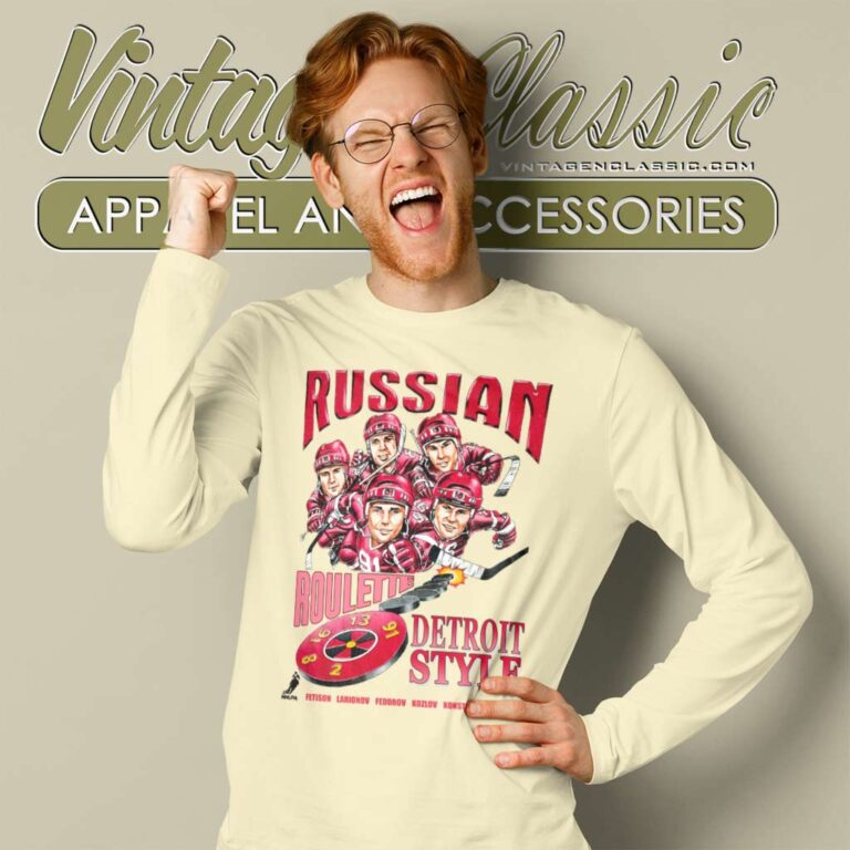 Detroit Red Wings Russian Five Caricature Long Sleeve Tee Detroit Red Wings Russian Five Caricature Long Sleeve Tee