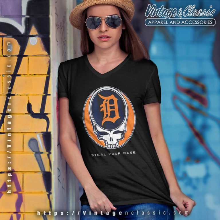 Detroit Tigers Grateful Dead Steal Your Base V Neck TShirt Detroit Tigers Grateful Dead Steal Your Base V Neck TShirt
