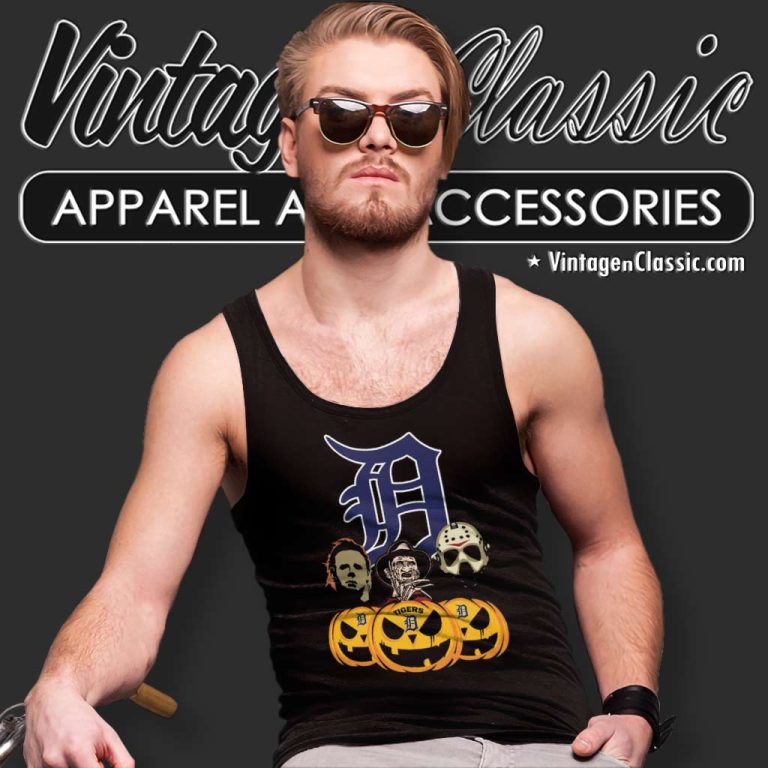 Detroit Tigers Halloween Horror Movie Pumpkin Tank Top Racerback Detroit Tigers Halloween Horror Movie Pumpkin Tank Top Racerback