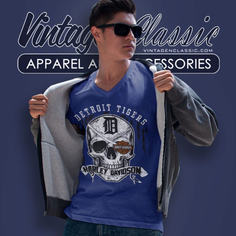 Detroit Tigers Harley Davidson Skull V Neck TShirt Detroit Tigers Harley Davidson Skull V Neck TShirt