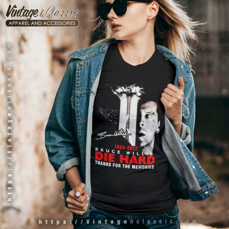 Die Hard Bruce Willis Signature Thanks For The Memories 1988 2022 Vneck Die Hard Bruce Willis Signature Thanks For The Memories 1988 2022 Vneck