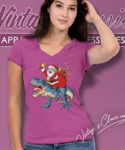 Dinosaur Santa Christmas V Neck TShirt