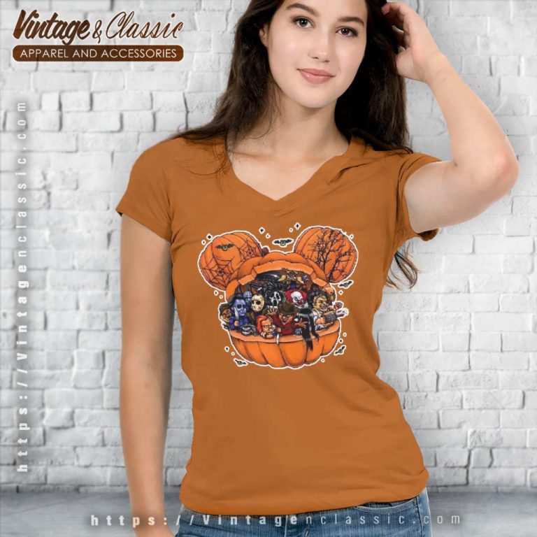 Disney Mickey Halloween Horror Character Pumpkin V Neck TShirt Disney Mickey Halloween Horror Character Pumpkin V Neck TShirt