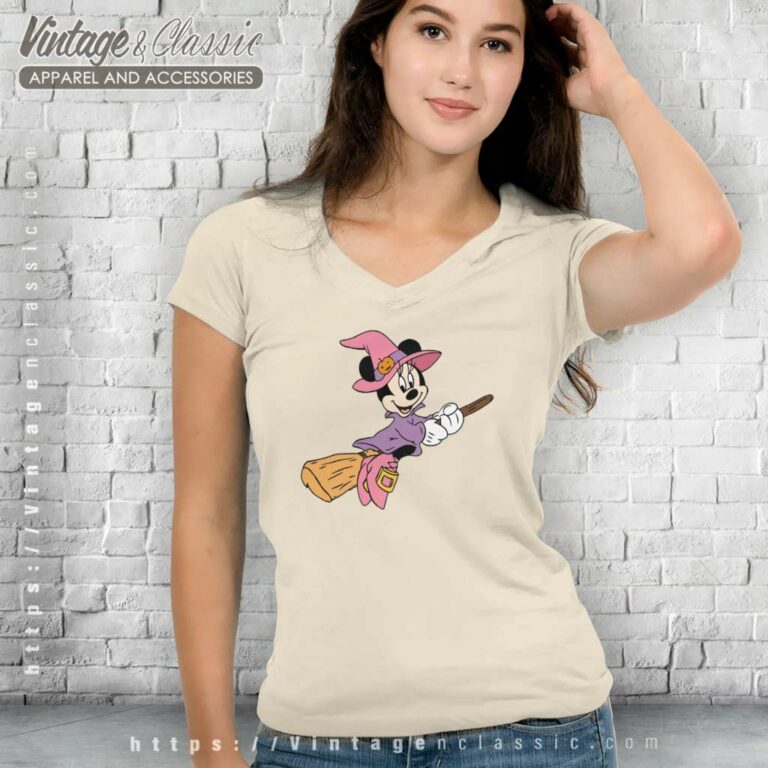 Disney Minnie Flying Witch Halloween V Neck TShirt Disney Minnie Flying Witch Halloween V Neck TShirt