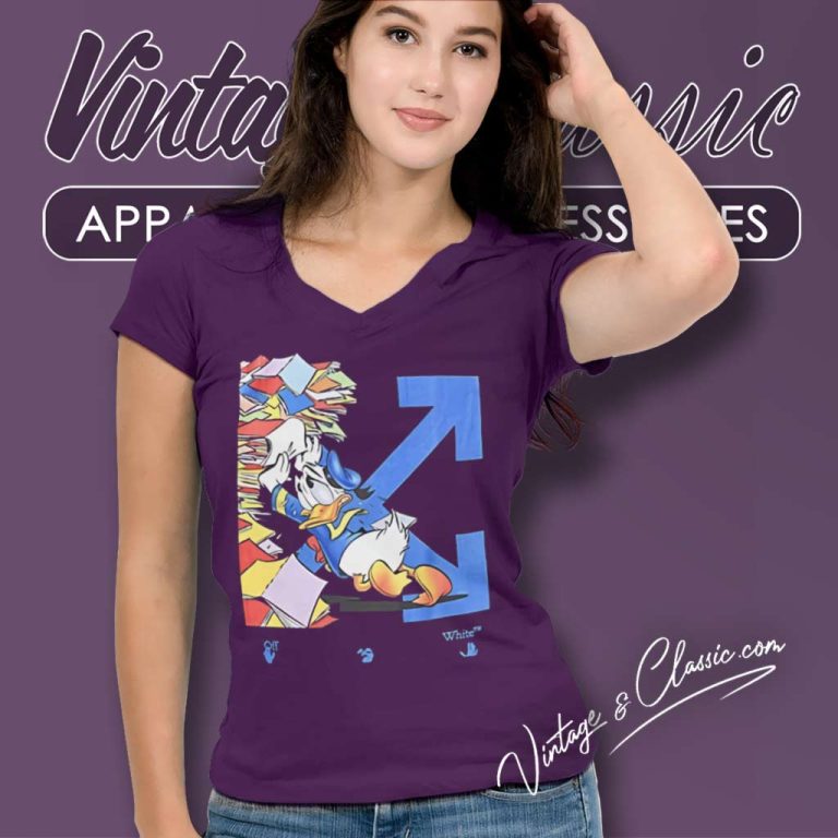 Donald Duck Off white Book Holder V Neck TShirt Donald Duck Off white Book Holder V Neck TShirt