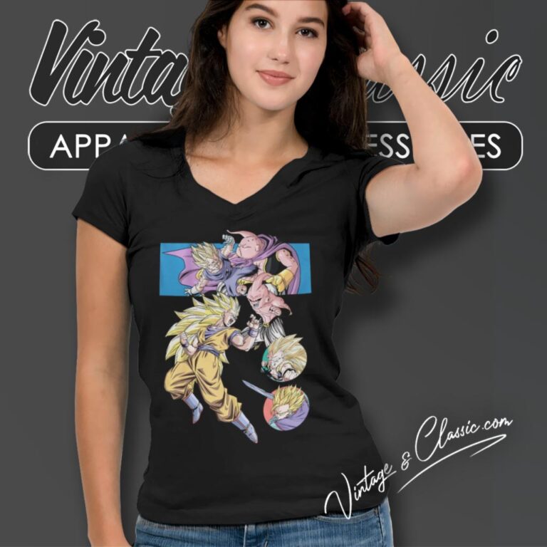 Dragon Ball Z Shirt Majin Buu Vs Gohan Goku Trunks And Vegeta V Neck TShirt Dragon Ball Z Shirt Majin Buu Vs Gohan Goku Trunks And Vegeta V Neck TShirt