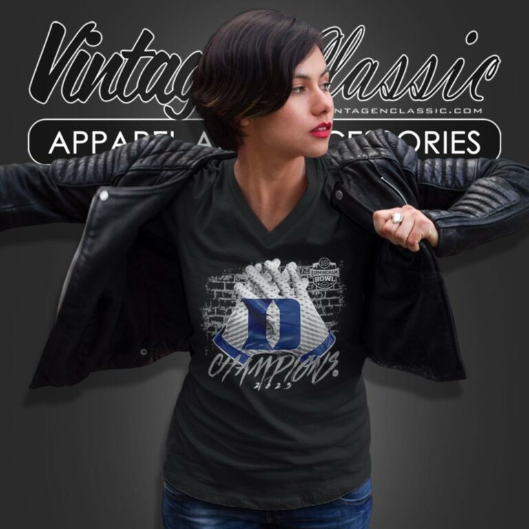 Duke Blue Devils 2023 76 Birmingham Bowl Champions Gloves V Neck TShirt Duke Blue Devils 2023 76 Birmingham Bowl Champions Gloves V Neck TShirt