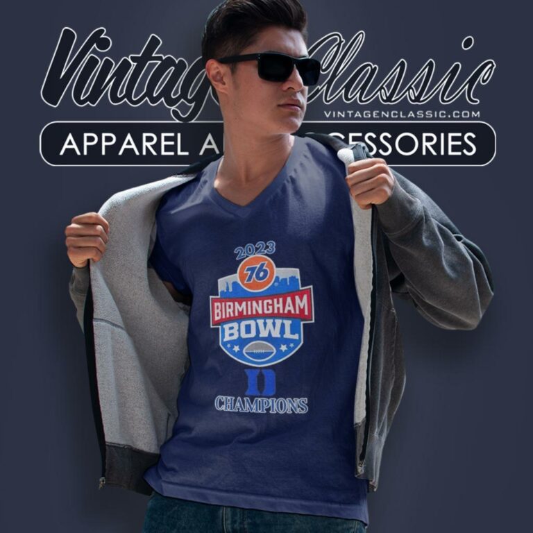 Duke Blue Devils Champions 2023 76 Birmingham Bowl Logo V Neck TShirt Duke Blue Devils Champions 2023 76 Birmingham Bowl Logo V Neck TShirt