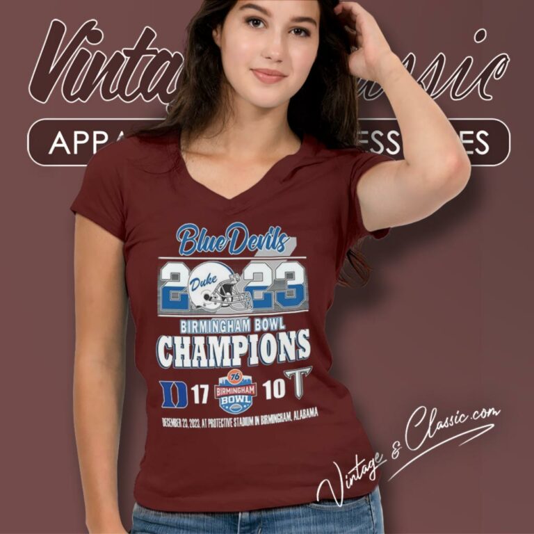 Duke Blue Devils Victory 17 10 Troy Trojans 2023 Birmingham Bowl Champions Final Score V Neck TShirt Duke Blue Devils Victory 17 10 Troy Trojans 2023 Birmingham Bowl Champions Final Score V Neck TShirt
