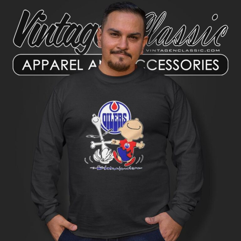 Edmonton Oilers Charlie Brown And Snoopy Happy Dance Long Sleeve Tee Edmonton Oilers Charlie Brown And Snoopy Happy Dance Long Sleeve Tee