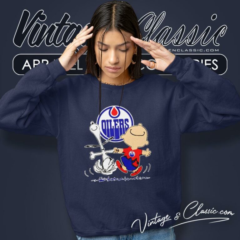 Edmonton Oilers Charlie Brown And Snoopy Happy Dance Sweatshirt Edmonton Oilers Charlie Brown And Snoopy Happy Dance Sweatshirt