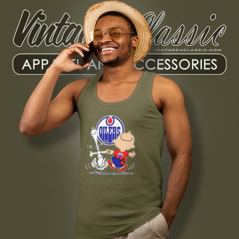 Edmonton Oilers Charlie Brown And Snoopy Happy Dance Tank Top Racerback Edmonton Oilers Charlie Brown And Snoopy Happy Dance Tank Top Racerback