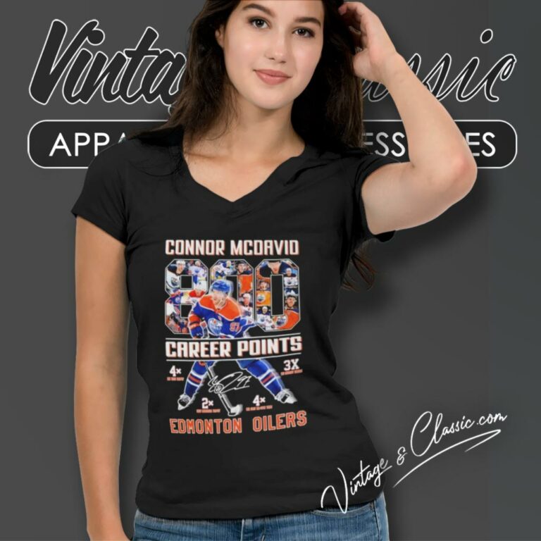 Edmonton Oilers Connor Mcdavid 800 Career Points Signature V Neck TShirt Edmonton Oilers Connor Mcdavid 800 Career Points Signature V Neck TShirt