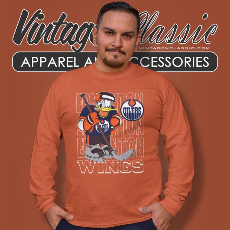 Edmonton Oilers Donald Duck Hockey Shirt Long Sleeve Tee Edmonton Oilers Donald Duck Hockey Shirt Long Sleeve Tee