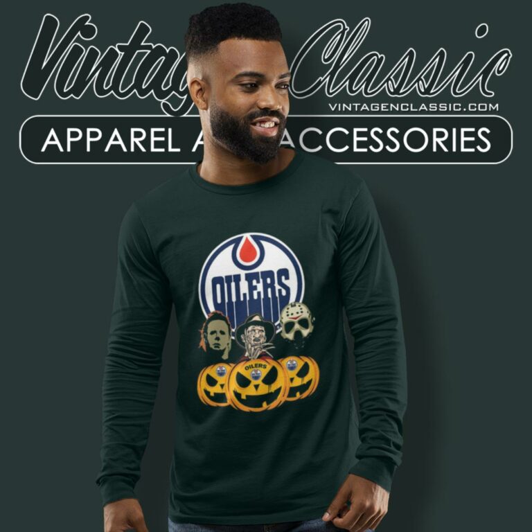 Edmonton Oilers Halloween Horror Movie Pumpkin Long Sleeve Tee Edmonton Oilers Halloween Horror Movie Pumpkin Long Sleeve Tee