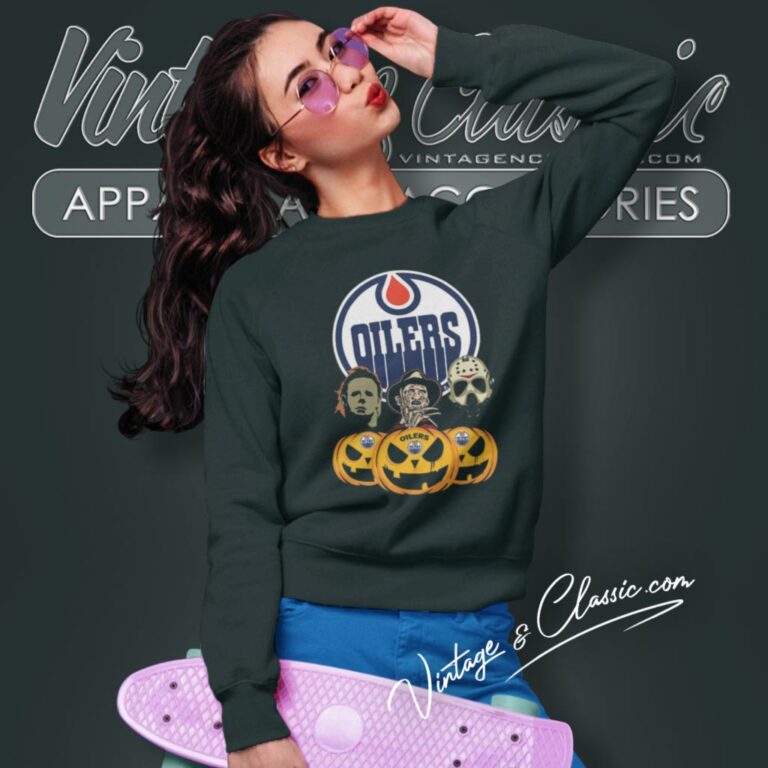 Edmonton Oilers Halloween Horror Movie Pumpkin Sweatshirt Edmonton Oilers Halloween Horror Movie Pumpkin Sweatshirt