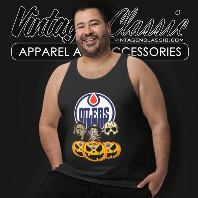 Edmonton Oilers Halloween Horror Movie Pumpkin Tank Top Racerback Edmonton Oilers Halloween Horror Movie Pumpkin Tank Top Racerback