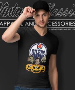 Edmonton Oilers Halloween Horror Movie Pumpkin V Neck TShirt