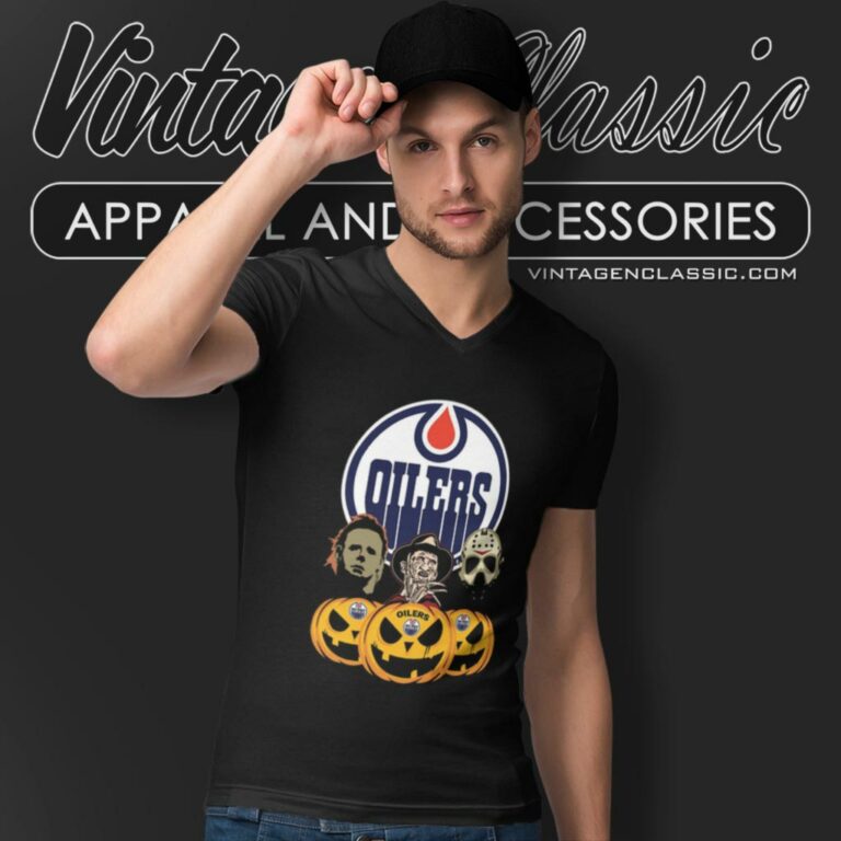 Edmonton Oilers Halloween Horror Movie Pumpkin V Neck TShirt Edmonton Oilers Halloween Horror Movie Pumpkin V Neck TShirt