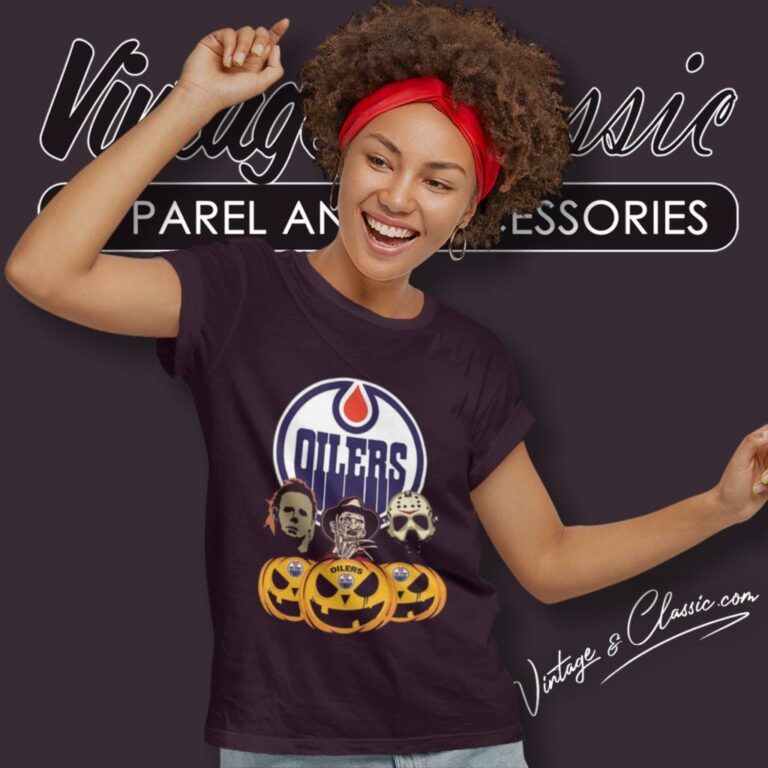 Edmonton Oilers Halloween Horror Movie Pumpkin Women T Shirt Edmonton Oilers Halloween Horror Movie Pumpkin Women T Shirt