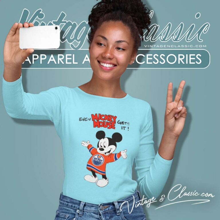 Edmonton Oilers Nhl Hockey Mickey Mouse Long Sleeve Tee Edmonton Oilers Nhl Hockey Mickey Mouse Long Sleeve Tee
