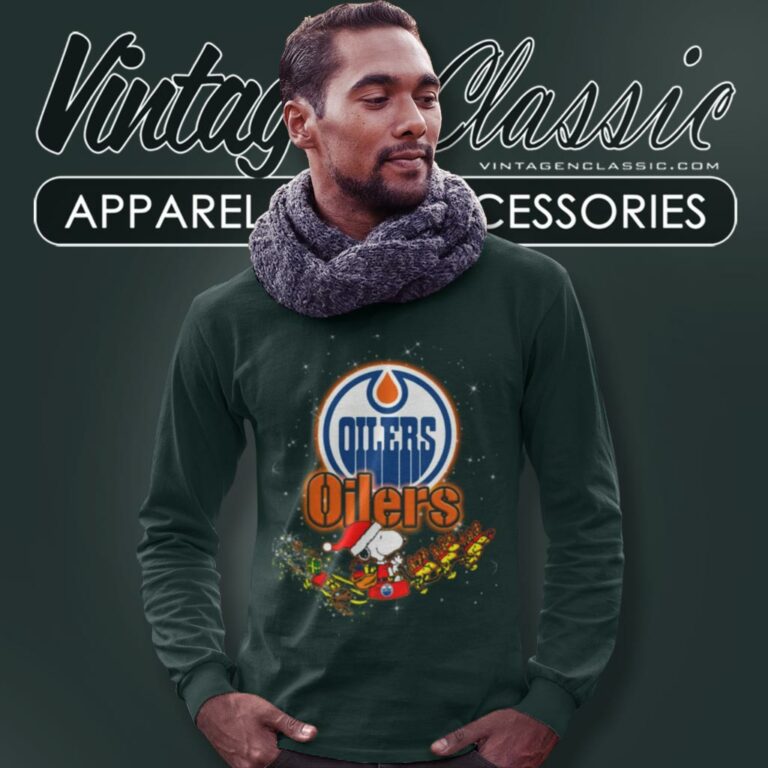 Edmonton Oilers Santa Snoopy And Woodstock Christmas Long Sleeve Tee Edmonton Oilers Santa Snoopy And Woodstock Christmas Long Sleeve Tee