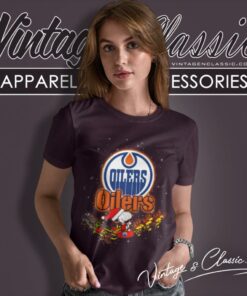 Edmonton Oilers Santa Snoopy And Woodstock Christmas Women T Shirt