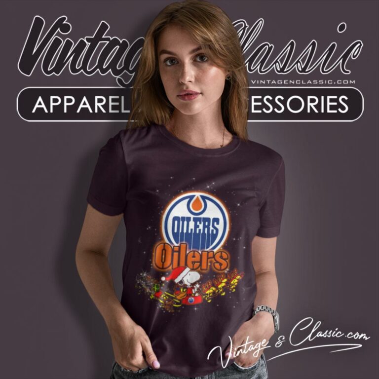 Edmonton Oilers Santa Snoopy And Woodstock Christmas Women T Shirt Edmonton Oilers Santa Snoopy And Woodstock Christmas Women T Shirt