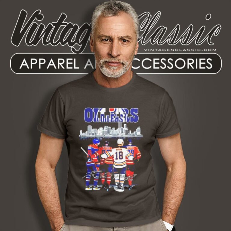 Edmonton Oilers Skyline Leon Draisaitl Connor Mcdavid And Zach Hyman Signature T Shirt Edmonton Oilers Skyline Leon Draisaitl Connor Mcdavid And Zach Hyman Signature T Shirt