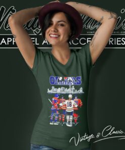 Edmonton Oilers Skyline Leon Draisaitl Connor Mcdavid And Zach Hyman Signature V Neck TShirt