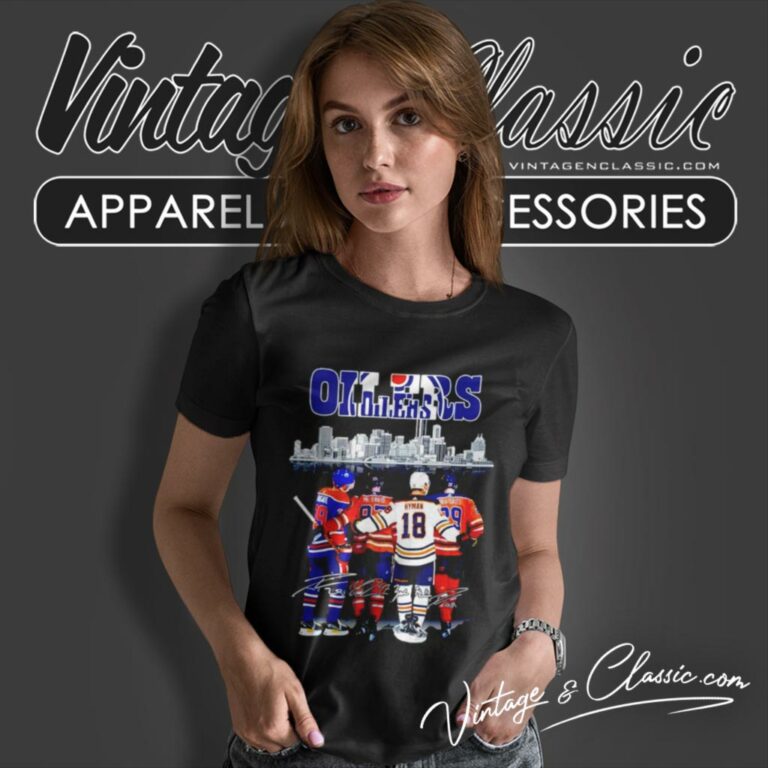 Edmonton Oilers Skyline Leon Draisaitl Connor Mcdavid And Zach Hyman Signature Women T Shirt Edmonton Oilers Skyline Leon Draisaitl Connor Mcdavid And Zach Hyman Signature Women T Shirt