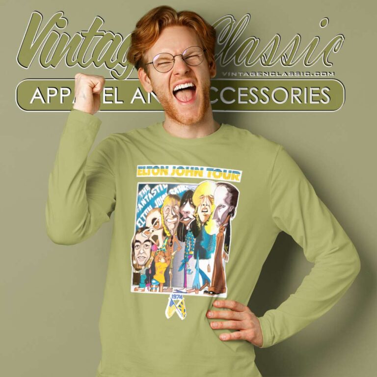 Elton John 1974 Caricature Iron Long Sleeve Tee Elton John 1974 Caricature Iron Long Sleeve Tee
