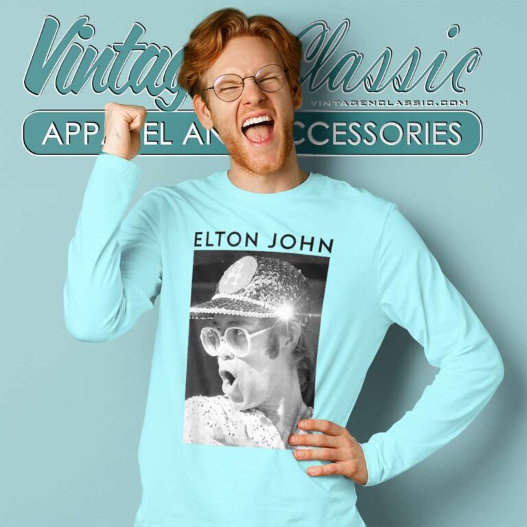 Elton John Black & White Photo Sequin Cap Long Sleeve Tee Elton John Black & White Photo Sequin Cap Long Sleeve Tee