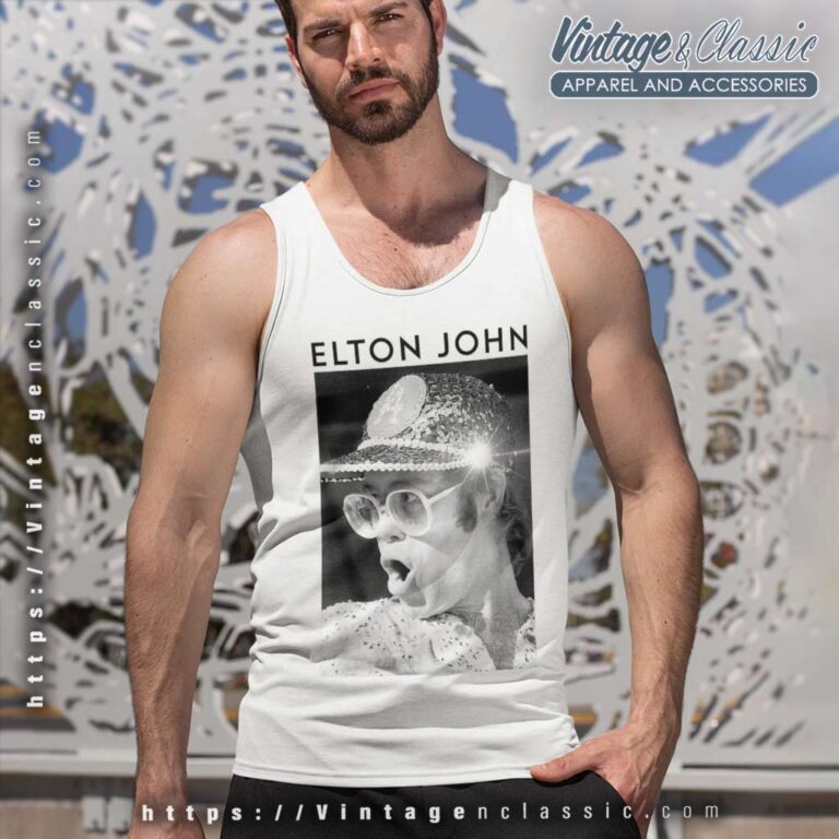 Elton John Black & White Photo Sequin Cap Tank Top Racerback Elton John Black & White Photo Sequin Cap Tank Top Racerback