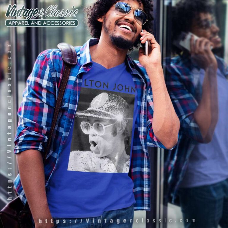 Elton John Black & White Photo Sequin Cap V Neck TShirt Elton John Black & White Photo Sequin Cap V Neck TShirt