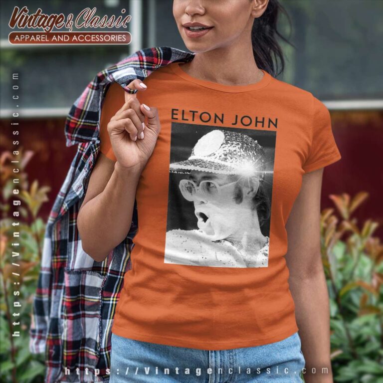 Elton John Black & White Photo Sequin Cap Women TShirt Elton John Black & White Photo Sequin Cap Women TShirt