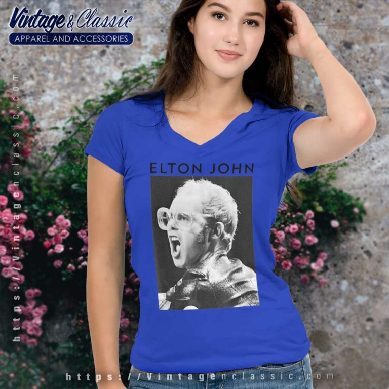 Elton John Black & White Photo V Neck TShirt Elton John Black & White Photo V Neck TShirt