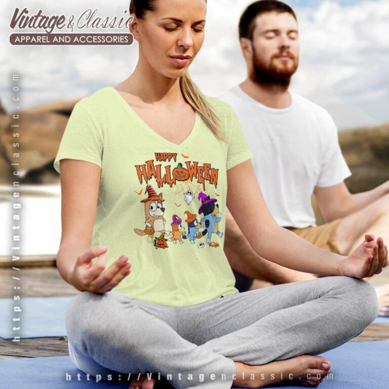 Family Bluey Halloween Shirt Gift For Blueys Fan V Neck TShirt Family Bluey Halloween Shirt Gift For Blueys Fan V Neck TShirt