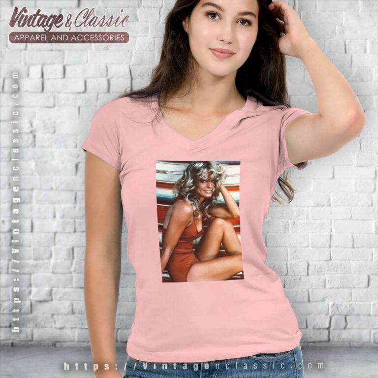 Farrah Fawcett Red Bathing Suit V Neck TShirt Farrah Fawcett Red Bathing Suit V Neck TShirt