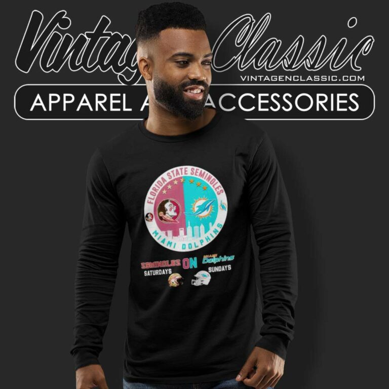 Florida State On Saturdays And Dolphins On Sundays Helmet Long Sleeve Tee Florida State On Saturdays And Dolphins On Sundays Helmet Long Sleeve Tee