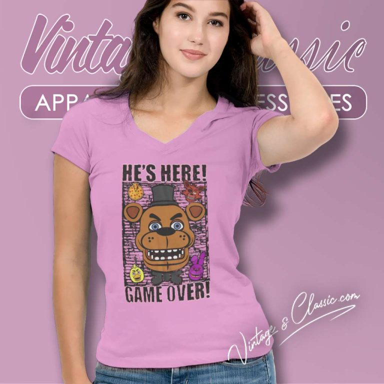 Freddys Hes Here Game Over V Neck TShirt Freddys Hes Here Game Over V Neck TShirt