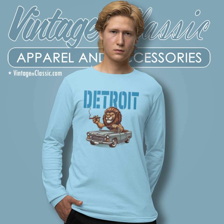 Funny Lion Driving Car Detroit Football Long Sleeve Tee Funny Lion Driving Car Detroit Football Long Sleeve Tee