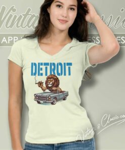 Funny Lion Driving Car Detroit Football Shirt 4 Funny Lion Driving Car Detroit Football V Neck TShirt