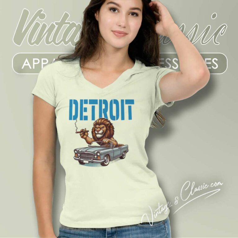 Funny Lion Driving Car Detroit Football V Neck TShirt Funny Lion Driving Car Detroit Football V Neck TShirt