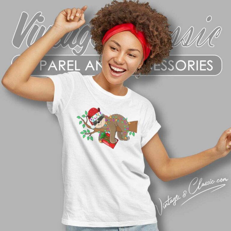 Funny Sloth Christmas Light On Tree Hug Gift Women TShirt Funny Sloth Christmas Light On Tree Hug Gift Women TShirt