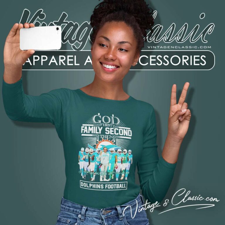 God First Family Second Then Miami Dolphins Football Signatures Long Sleeve Tee God First Family Second Then Miami Dolphins Football Signatures Long Sleeve Tee