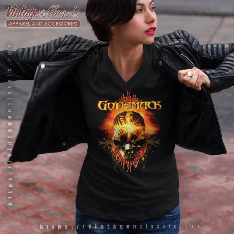 Godsmack Skull Flame V Neck TShirt Godsmack Skull Flame V Neck TShirt